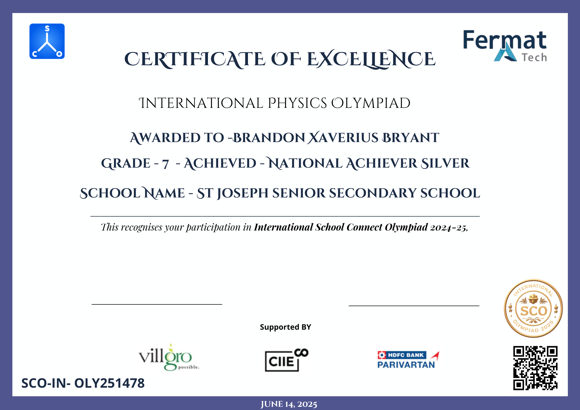 Mẫu huy chương và chứng chỉ SCOFT